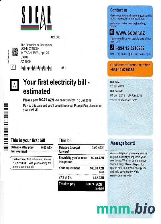 Szablon rachunku za energię elektryczną Azerbejdżan Socar, w pełni edytowalny w formacie PSD